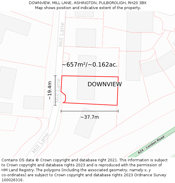 DOWNVIEW, MILL LANE, ASHINGTON, PULBOROUGH, RH20 3BX: Plot and title map