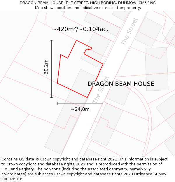 DRAGON BEAM HOUSE, THE STREET, HIGH RODING, DUNMOW, CM6 1NS: Plot and title map