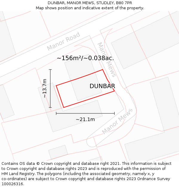 DUNBAR, MANOR MEWS, STUDLEY, B80 7PR: Plot and title map