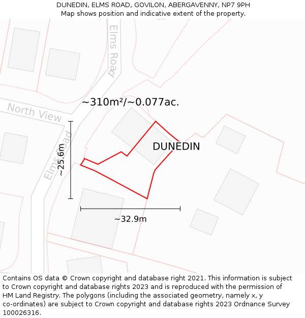 DUNEDIN, ELMS ROAD, GOVILON, ABERGAVENNY, NP7 9PH: Plot and title map