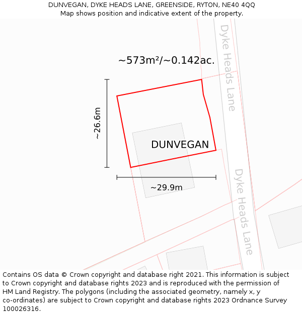 DUNVEGAN, DYKE HEADS LANE, GREENSIDE, RYTON, NE40 4QQ: Plot and title map