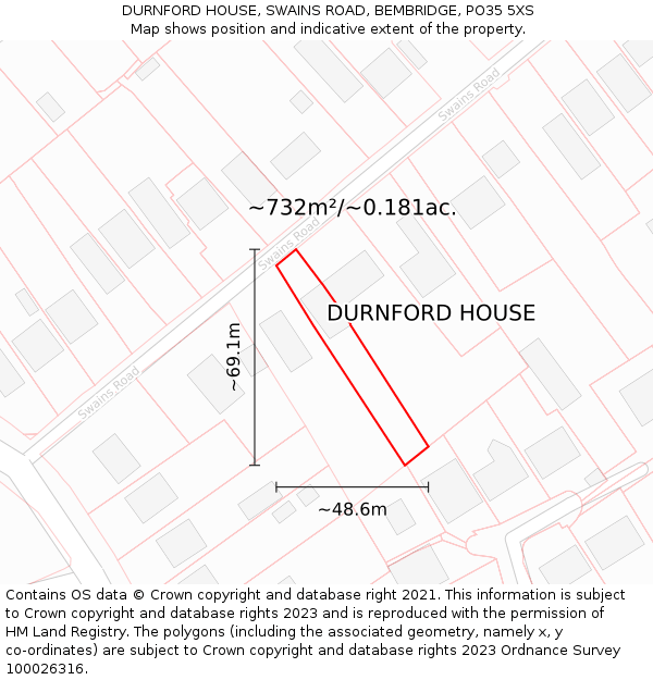 DURNFORD HOUSE, SWAINS ROAD, BEMBRIDGE, PO35 5XS: Plot and title map