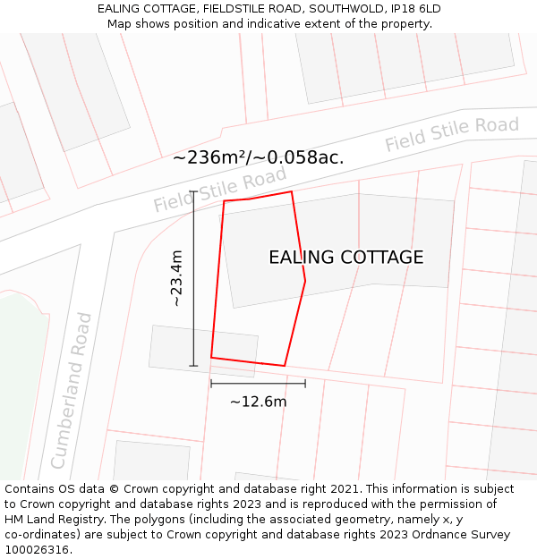 EALING COTTAGE, FIELDSTILE ROAD, SOUTHWOLD, IP18 6LD: Plot and title map