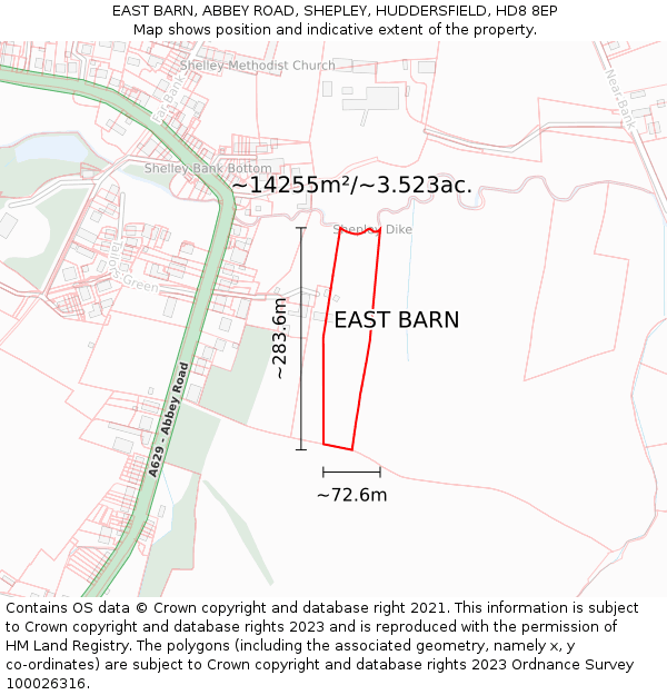 EAST BARN, ABBEY ROAD, SHEPLEY, HUDDERSFIELD, HD8 8EP: Plot and title map