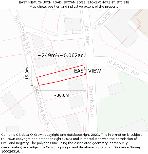 EAST VIEW, CHURCH ROAD, BROWN EDGE, STOKE-ON-TRENT, ST6 8TB: Plot and title map