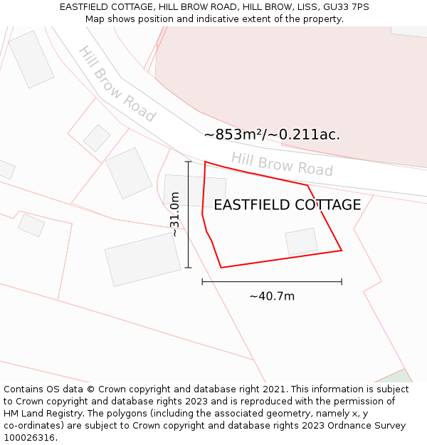 EASTFIELD COTTAGE, HILL BROW ROAD, HILL BROW, LISS, GU33 7PS: Plot and title map