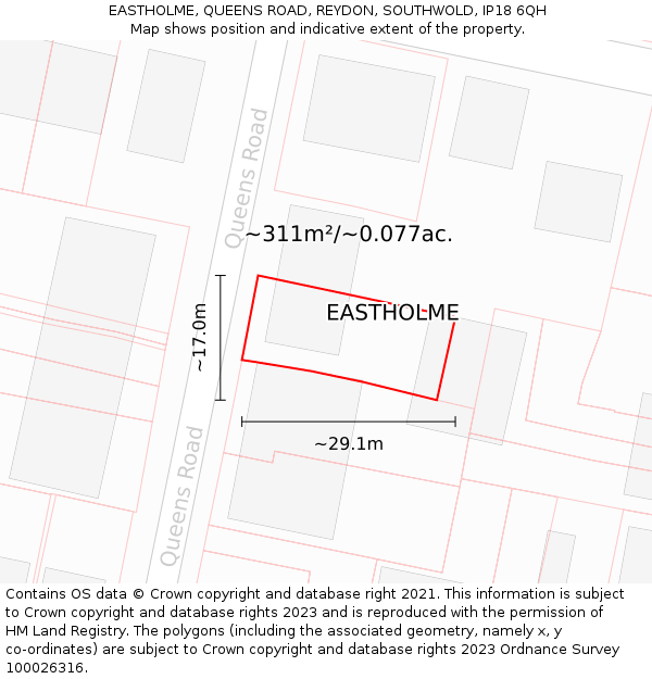 EASTHOLME, QUEENS ROAD, REYDON, SOUTHWOLD, IP18 6QH: Plot and title map