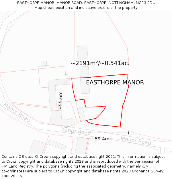 EASTHORPE MANOR, MANOR ROAD, EASTHORPE, NOTTINGHAM, NG13 0DU: Plot and title map