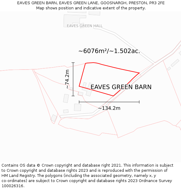 EAVES GREEN BARN, EAVES GREEN LANE, GOOSNARGH, PRESTON, PR3 2FE: Plot and title map
