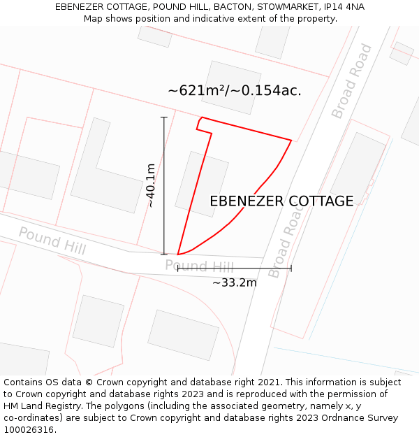EBENEZER COTTAGE, POUND HILL, BACTON, STOWMARKET, IP14 4NA: Plot and title map