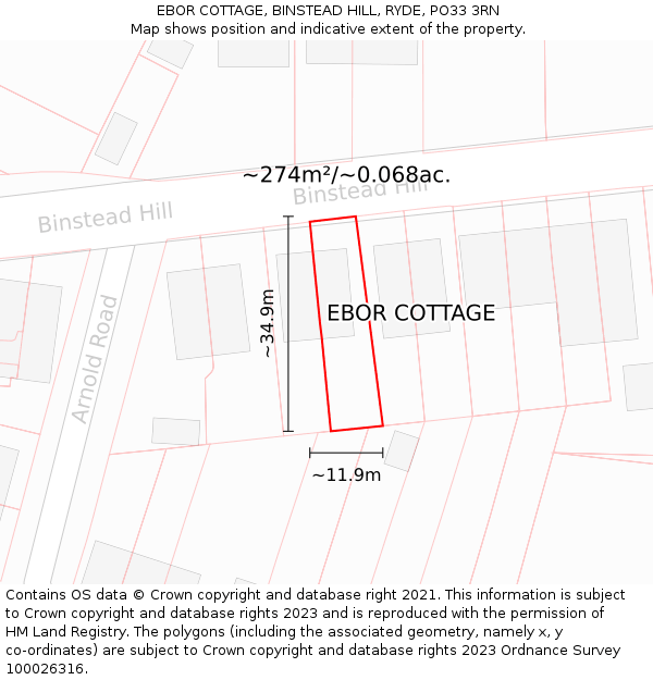 EBOR COTTAGE, BINSTEAD HILL, RYDE, PO33 3RN: Plot and title map
