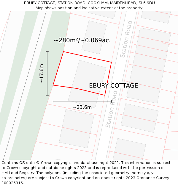 EBURY COTTAGE, STATION ROAD, COOKHAM, MAIDENHEAD, SL6 9BU: Plot and title map