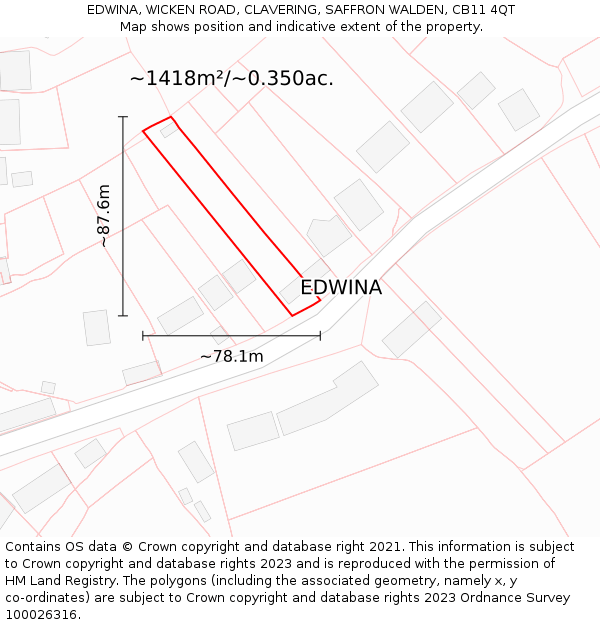 EDWINA, WICKEN ROAD, CLAVERING, SAFFRON WALDEN, CB11 4QT: Plot and title map