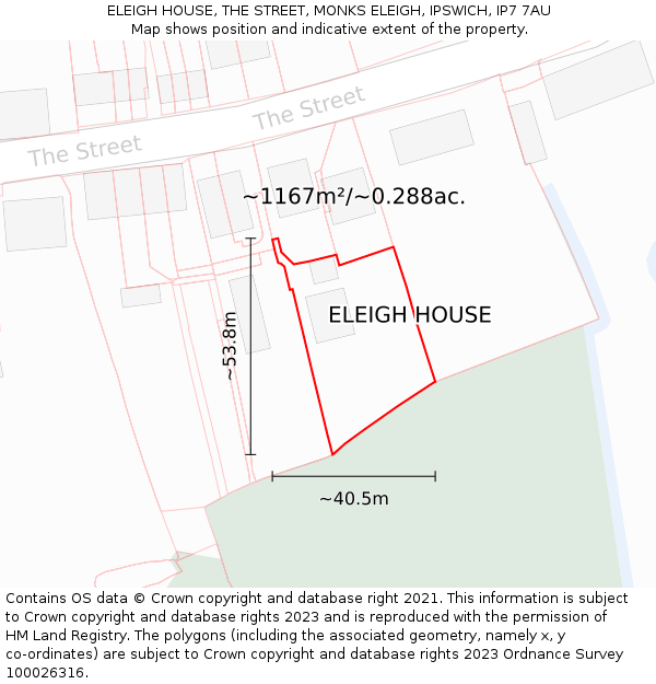 ELEIGH HOUSE, THE STREET, MONKS ELEIGH, IPSWICH, IP7 7AU: Plot and title map