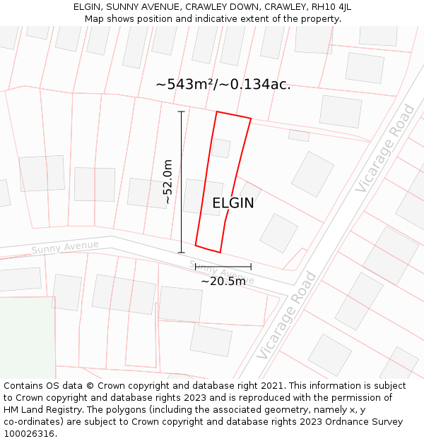ELGIN, SUNNY AVENUE, CRAWLEY DOWN, CRAWLEY, RH10 4JL: Plot and title map