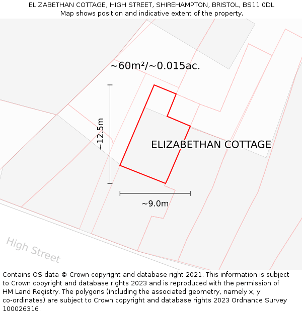 ELIZABETHAN COTTAGE, HIGH STREET, SHIREHAMPTON, BRISTOL, BS11 0DL: Plot and title map