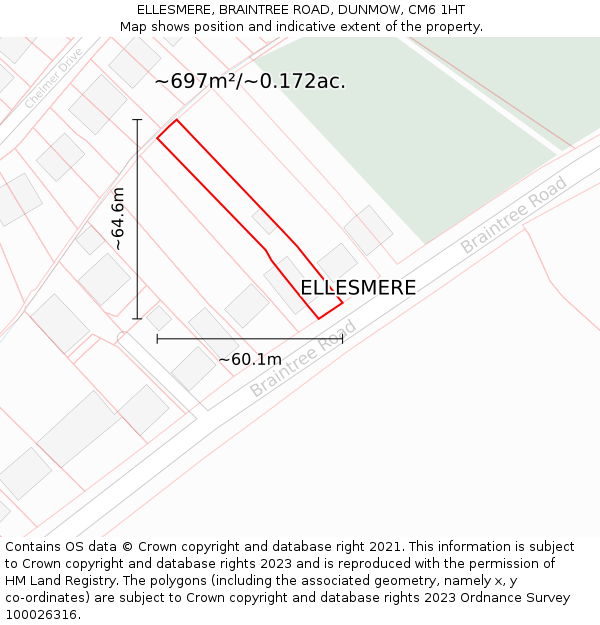 ELLESMERE, BRAINTREE ROAD, DUNMOW, CM6 1HT: Plot and title map