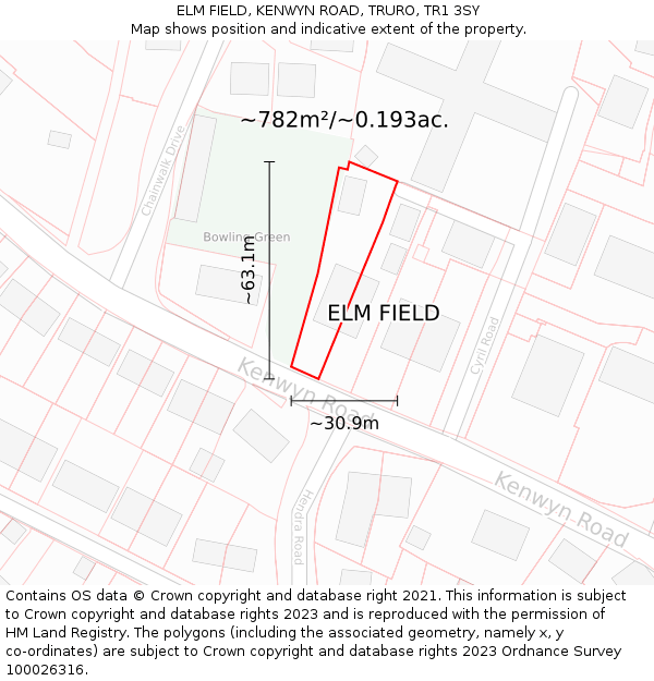 ELM FIELD, KENWYN ROAD, TRURO, TR1 3SY: Plot and title map