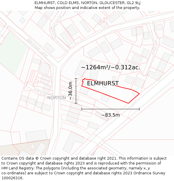 ELMHURST, COLD ELMS, NORTON, GLOUCESTER, GL2 9LJ: Plot and title map
