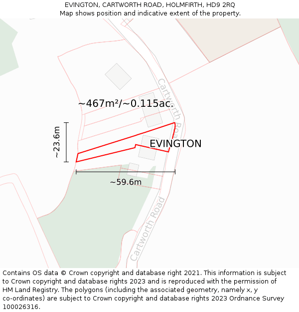 EVINGTON, CARTWORTH ROAD, HOLMFIRTH, HD9 2RQ: Plot and title map