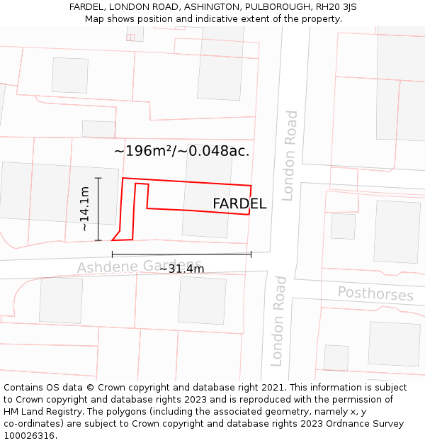 FARDEL, LONDON ROAD, ASHINGTON, PULBOROUGH, RH20 3JS: Plot and title map