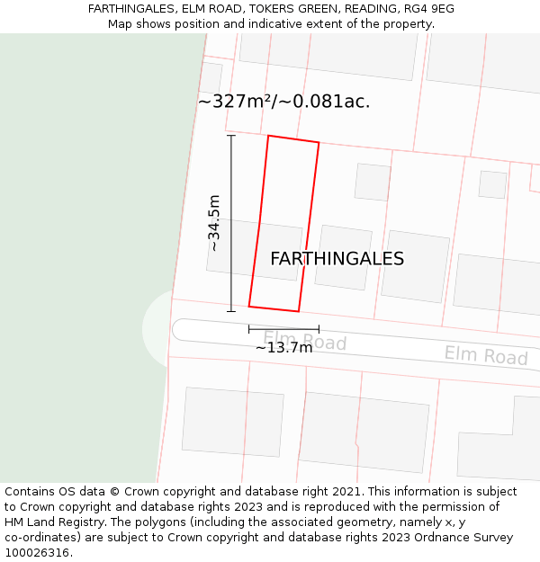 FARTHINGALES, ELM ROAD, TOKERS GREEN, READING, RG4 9EG: Plot and title map