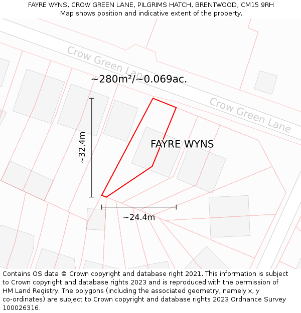 FAYRE WYNS, CROW GREEN LANE, PILGRIMS HATCH, BRENTWOOD, CM15 9RH: Plot and title map