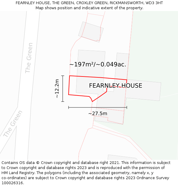 FEARNLEY HOUSE, THE GREEN, CROXLEY GREEN, RICKMANSWORTH, WD3 3HT: Plot and title map