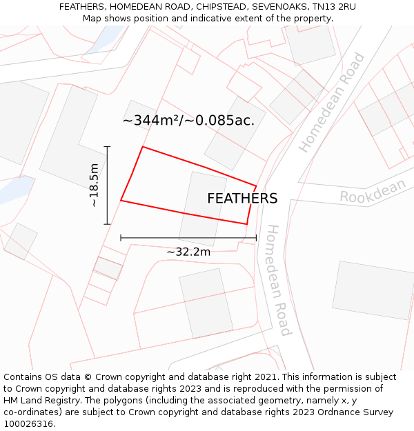 FEATHERS, HOMEDEAN ROAD, CHIPSTEAD, SEVENOAKS, TN13 2RU: Plot and title map