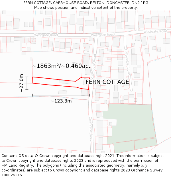 FERN COTTAGE, CARRHOUSE ROAD, BELTON, DONCASTER, DN9 1PG: Plot and title map