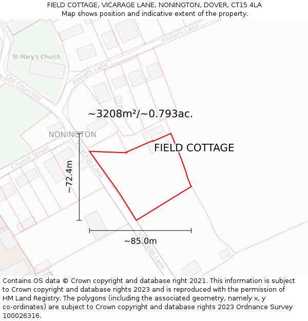 FIELD COTTAGE, VICARAGE LANE, NONINGTON, DOVER, CT15 4LA: Plot and title map