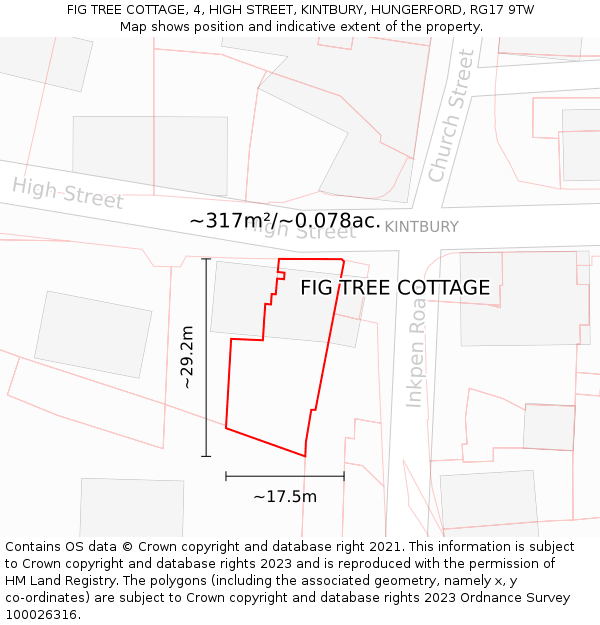 FIG TREE COTTAGE, 4, HIGH STREET, KINTBURY, HUNGERFORD, RG17 9TW: Plot and title map