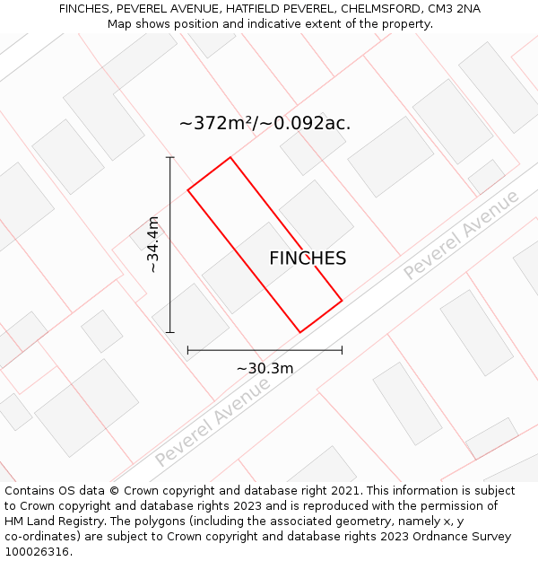FINCHES, PEVEREL AVENUE, HATFIELD PEVEREL, CHELMSFORD, CM3 2NA: Plot and title map