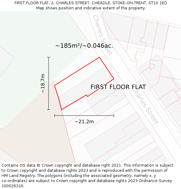 FIRST FLOOR FLAT, 2, CHARLES STREET, CHEADLE, STOKE-ON-TRENT, ST10 1ED: Plot and title map