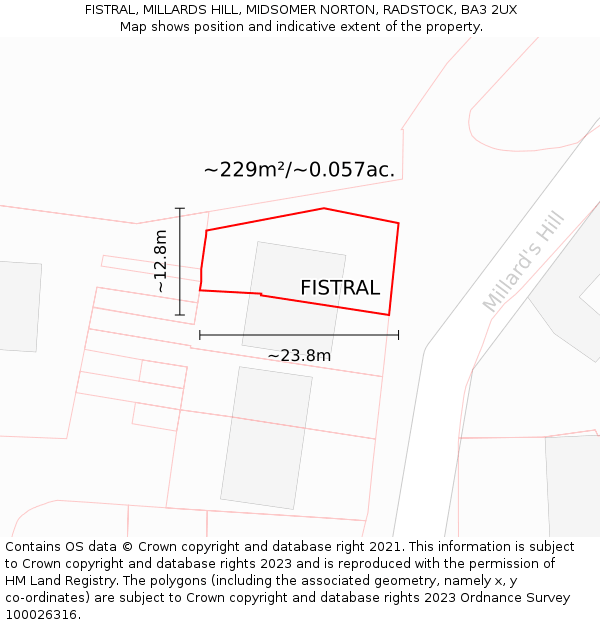 FISTRAL, MILLARDS HILL, MIDSOMER NORTON, RADSTOCK, BA3 2UX: Plot and title map