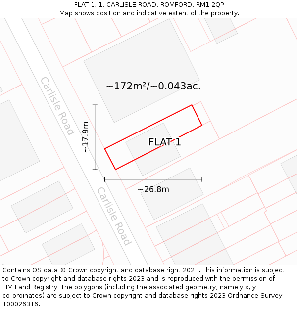 FLAT 1, 1, CARLISLE ROAD, ROMFORD, RM1 2QP: Plot and title map