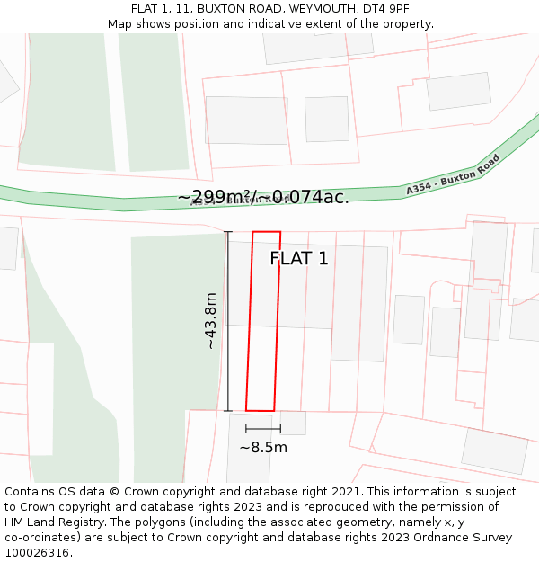FLAT 1, 11, BUXTON ROAD, WEYMOUTH, DT4 9PF: Plot and title map