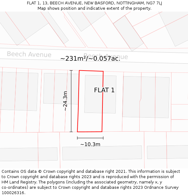 FLAT 1, 13, BEECH AVENUE, NEW BASFORD, NOTTINGHAM, NG7 7LJ: Plot and title map
