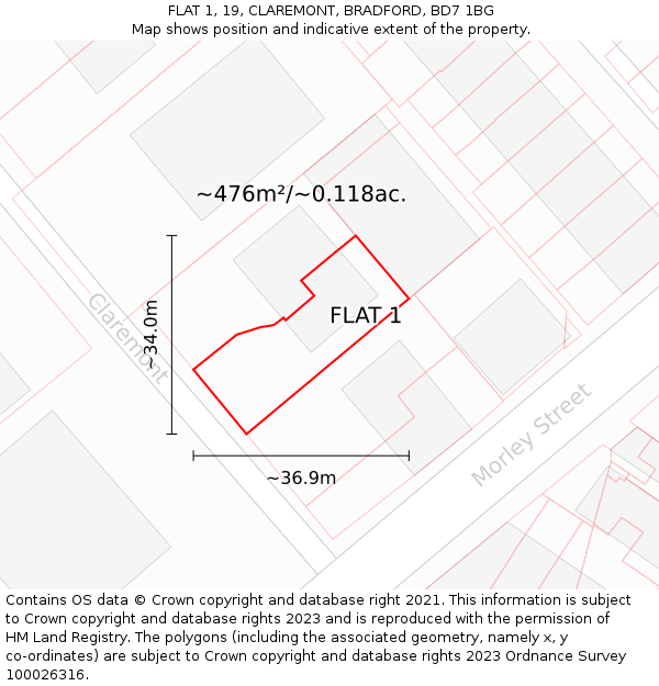 FLAT 1, 19, CLAREMONT, BRADFORD, BD7 1BG: Plot and title map