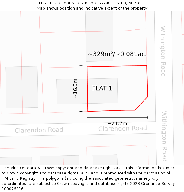 FLAT 1, 2, CLARENDON ROAD, MANCHESTER, M16 8LD: Plot and title map