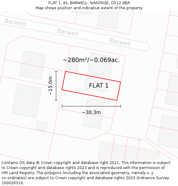 FLAT 1, 45, BARWELL, WANTAGE, OX12 9BA: Plot and title map