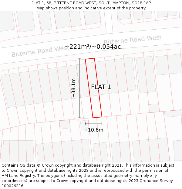 FLAT 1, 68, BITTERNE ROAD WEST, SOUTHAMPTON, SO18 1AP: Plot and title map