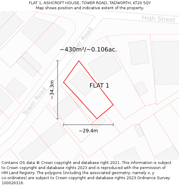 FLAT 1, ASHCROFT HOUSE, TOWER ROAD, TADWORTH, KT20 5QY: Plot and title map