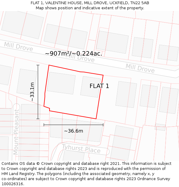 FLAT 1, VALENTINE HOUSE, MILL DROVE, UCKFIELD, TN22 5AB: Plot and title map