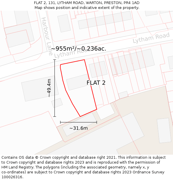 FLAT 2, 131, LYTHAM ROAD, WARTON, PRESTON, PR4 1AD: Plot and title map