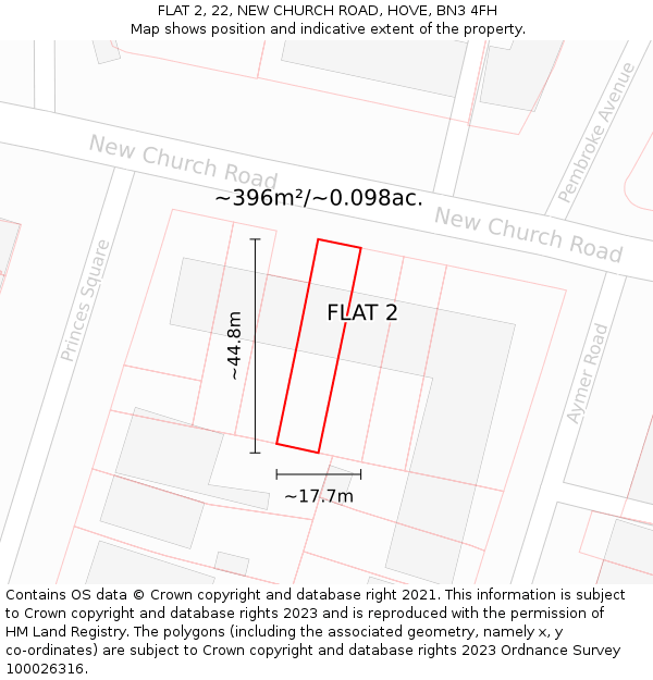 FLAT 2, 22, NEW CHURCH ROAD, HOVE, BN3 4FH: Plot and title map