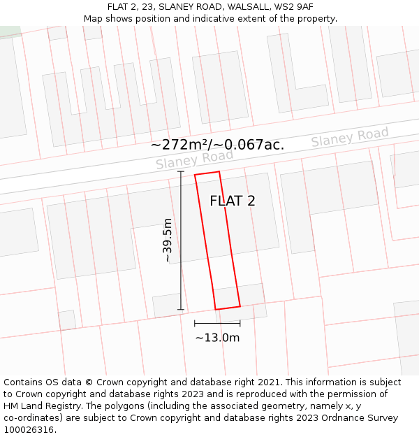 FLAT 2, 23, SLANEY ROAD, WALSALL, WS2 9AF: Plot and title map