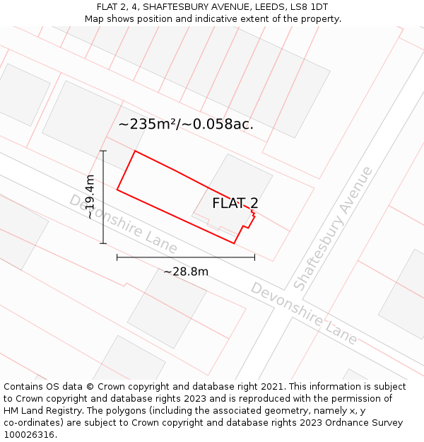 FLAT 2, 4, SHAFTESBURY AVENUE, LEEDS, LS8 1DT: Plot and title map