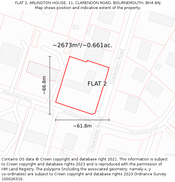FLAT 2, ARLINGTON HOUSE, 11, CLARENDON ROAD, BOURNEMOUTH, BH4 8AJ: Plot and title map