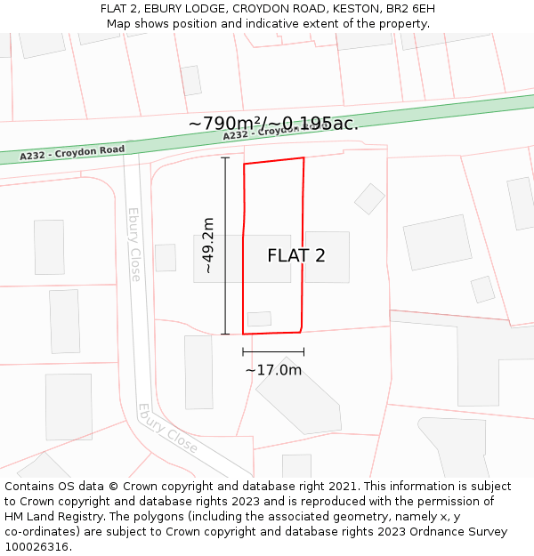 FLAT 2, EBURY LODGE, CROYDON ROAD, KESTON, BR2 6EH: Plot and title map